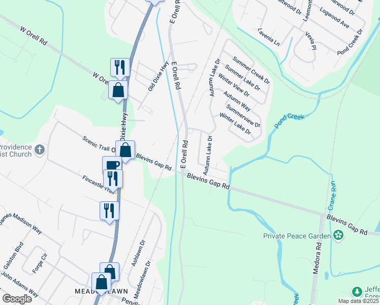 map of restaurants, bars, coffee shops, grocery stores, and more near 12705 East Orell Road in Louisville