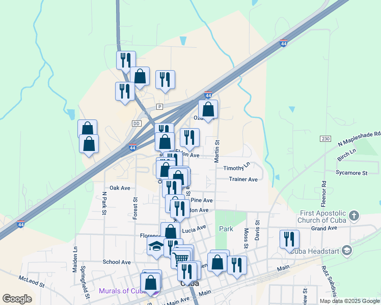 map of restaurants, bars, coffee shops, grocery stores, and more near 705 North Franklin Street in Cuba