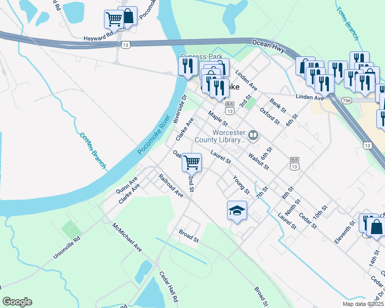 map of restaurants, bars, coffee shops, grocery stores, and more near 707 2nd Street in Pocomoke City