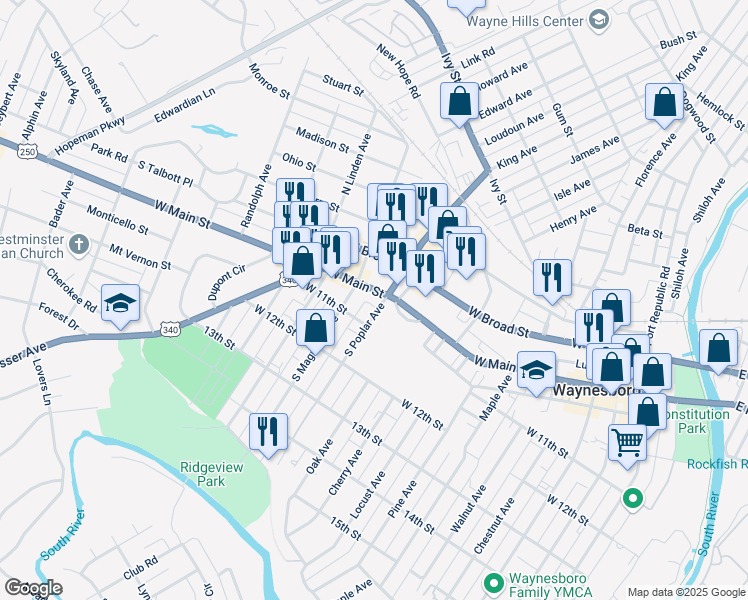 map of restaurants, bars, coffee shops, grocery stores, and more near 1300 West Main Street in Waynesboro
