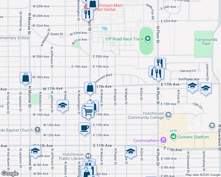 map of restaurants, bars, coffee shops, grocery stores, and more near 121 East 17th Avenue in Hutchinson