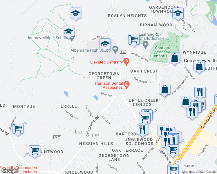map of restaurants, bars, coffee shops, grocery stores, and more near 143 Georgetown Green in Charlottesville