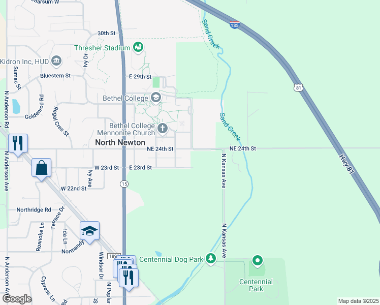 map of restaurants, bars, coffee shops, grocery stores, and more near 409 East 24th Street in Newton