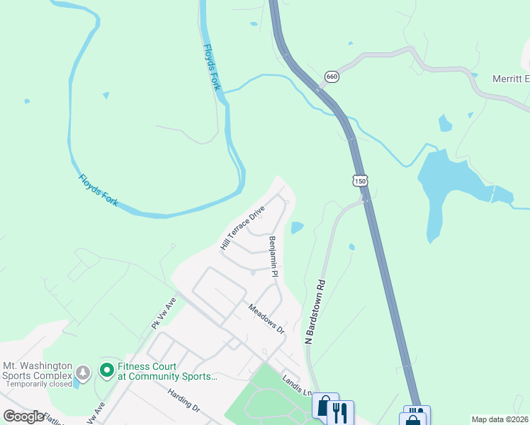 map of restaurants, bars, coffee shops, grocery stores, and more near 494 Hill Terrace Drive in Mount Washington