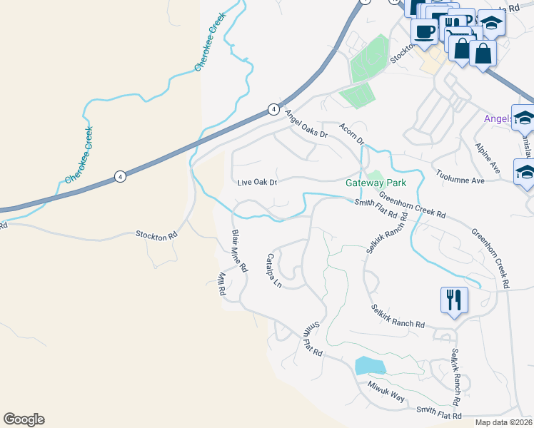 map of restaurants, bars, coffee shops, grocery stores, and more near 257 El Dorado Court in Angels Camp