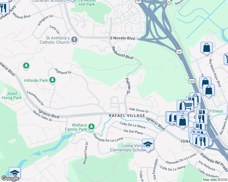 map of restaurants, bars, coffee shops, grocery stores, and more near 33 Rowe Ranch Drive in Novato
