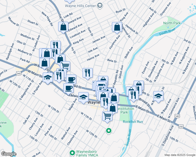 map of restaurants, bars, coffee shops, grocery stores, and more near 140 Florence Avenue in Waynesboro