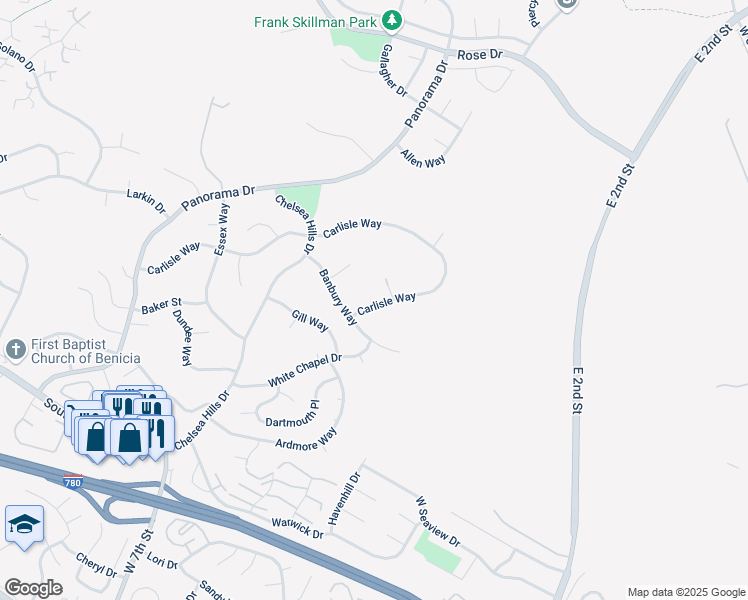 map of restaurants, bars, coffee shops, grocery stores, and more near 101 Carlisle Way in Benicia