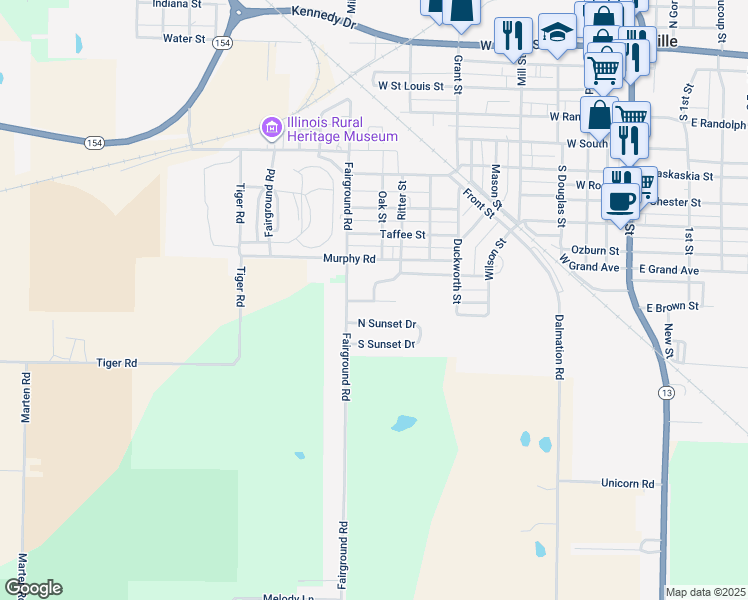 map of restaurants, bars, coffee shops, grocery stores, and more near 927 Malone Street in Pinckneyville