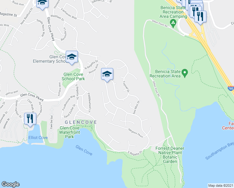 map of restaurants, bars, coffee shops, grocery stores, and more near 439 Topsail Drive in Vallejo