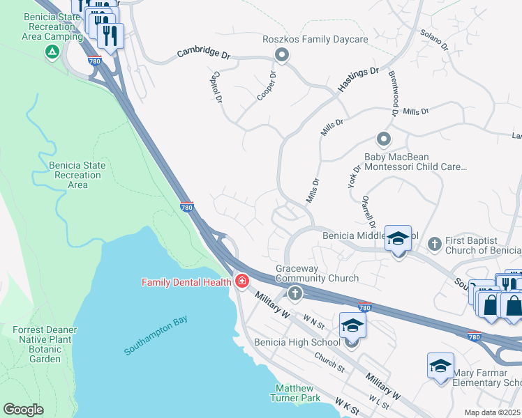 map of restaurants, bars, coffee shops, grocery stores, and more near 1806 London Drive in Benicia