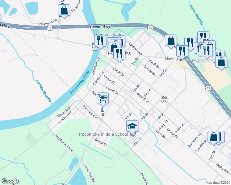 map of restaurants, bars, coffee shops, grocery stores, and more near 217 Laurel Street in Pocomoke City