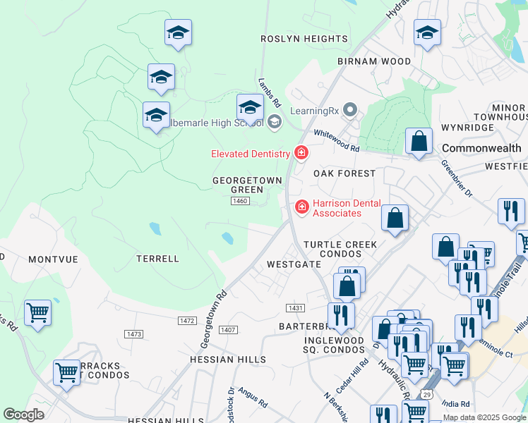 map of restaurants, bars, coffee shops, grocery stores, and more near 153 Georgetown Green in Charlottesville