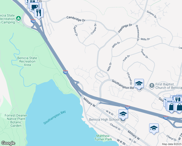 map of restaurants, bars, coffee shops, grocery stores, and more near 1806 London Drive in Benicia