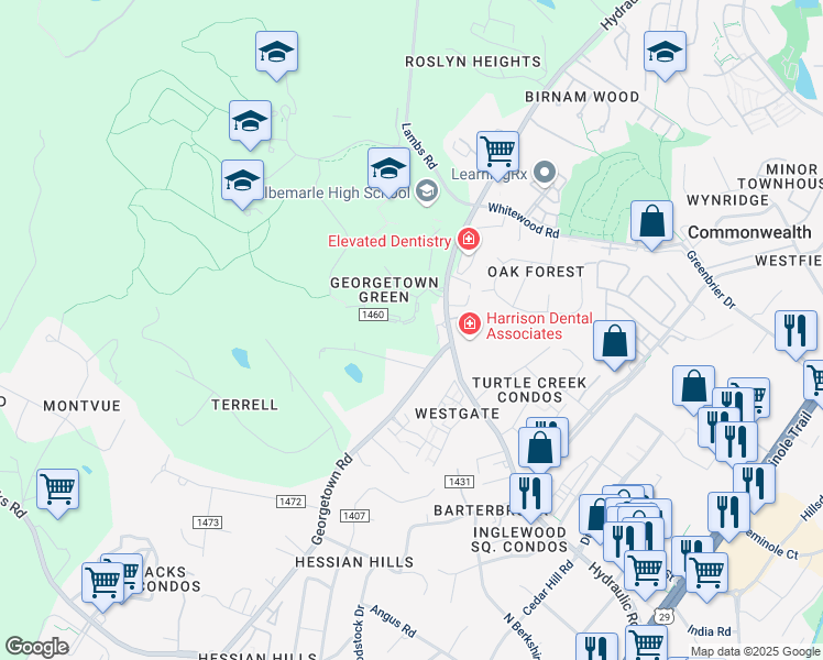 map of restaurants, bars, coffee shops, grocery stores, and more near 153 Georgetown Green in Charlottesville
