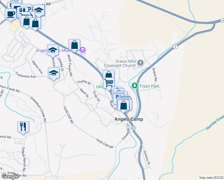map of restaurants, bars, coffee shops, grocery stores, and more near 1071 South Main Street in Angels Camp