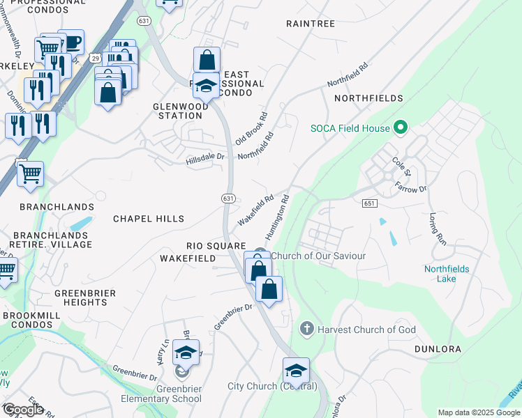 map of restaurants, bars, coffee shops, grocery stores, and more near 2410 Wakefield Road in Charlottesville