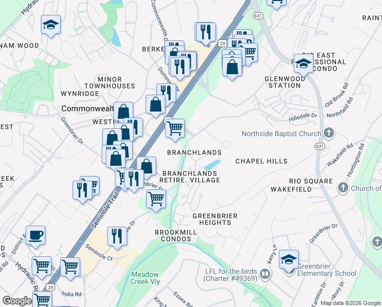map of restaurants, bars, coffee shops, grocery stores, and more near 1434 Lilac Court in Charlottesville