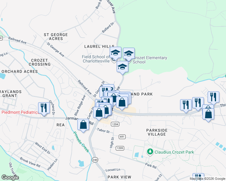 map of restaurants, bars, coffee shops, grocery stores, and more near 1295 Crozet Avenue in Crozet