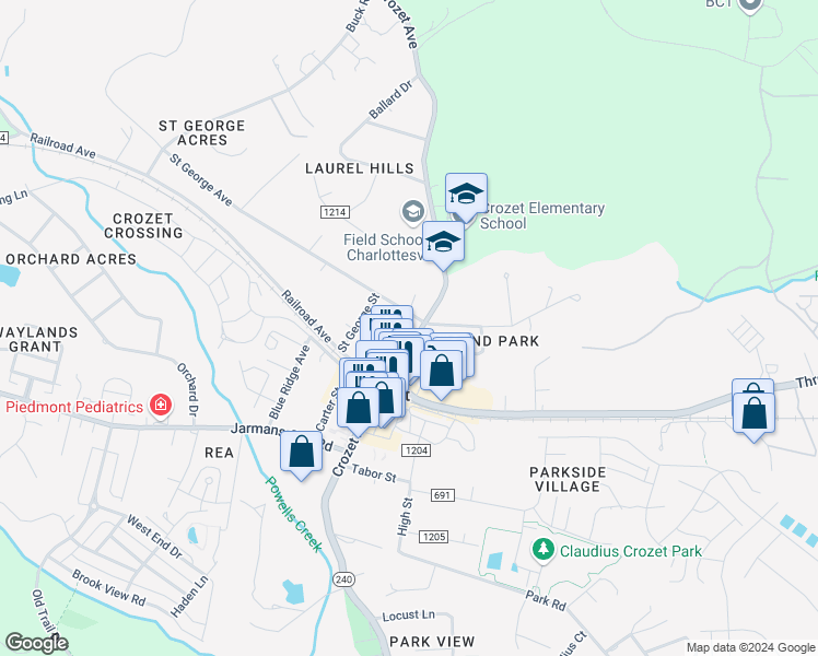map of restaurants, bars, coffee shops, grocery stores, and more near 1302 Crozet Avenue in Crozet