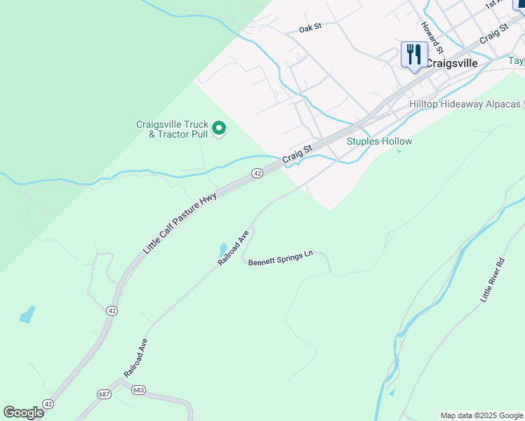 map of restaurants, bars, coffee shops, grocery stores, and more near 554 Railroad Avenue in Craigsville