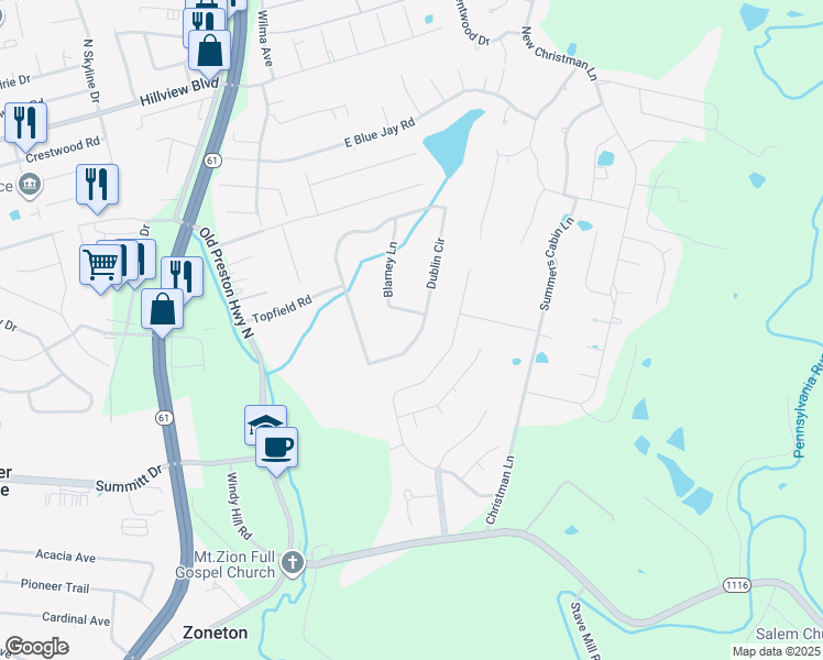 map of restaurants, bars, coffee shops, grocery stores, and more near 412 Dublin Circle in Shepherdsville