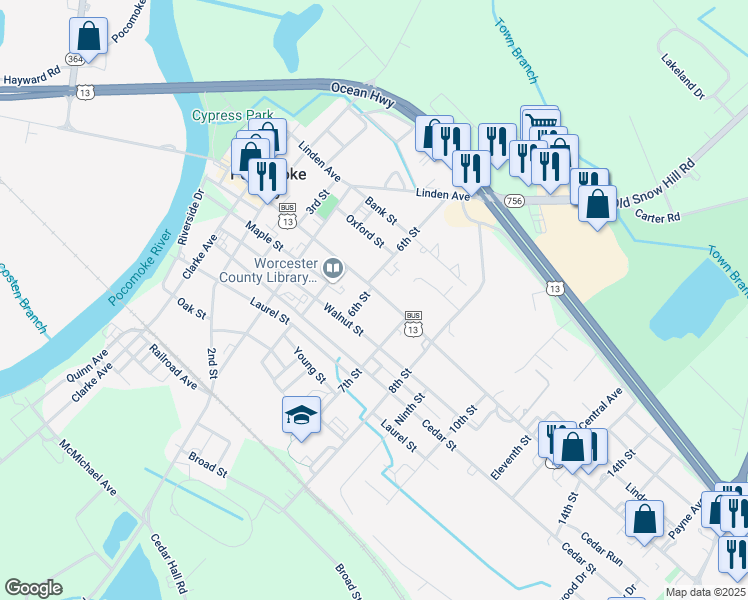 map of restaurants, bars, coffee shops, grocery stores, and more near 604 Market Street in Pocomoke City