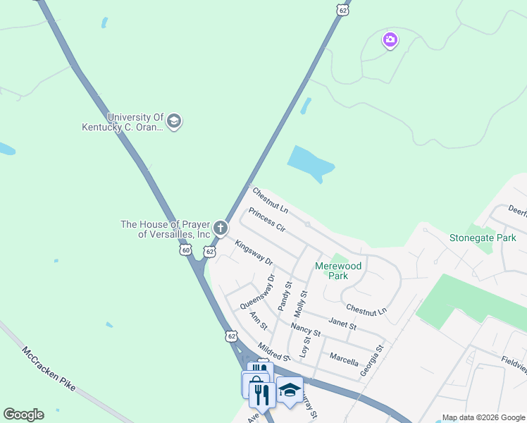 map of restaurants, bars, coffee shops, grocery stores, and more near 361 Princess Circle in Versailles