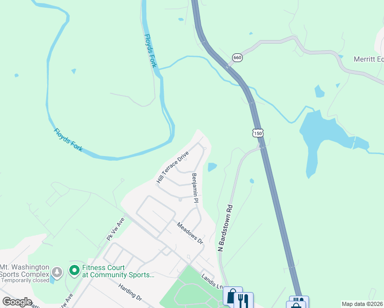 map of restaurants, bars, coffee shops, grocery stores, and more near 494 Hill Terrace Drive in Mount Washington