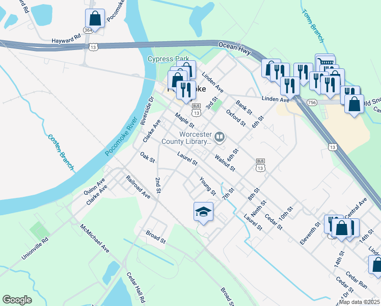map of restaurants, bars, coffee shops, grocery stores, and more near 406 Cedar Street in Pocomoke City