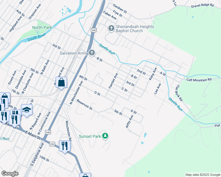 map of restaurants, bars, coffee shops, grocery stores, and more near 1317 4th Street in Waynesboro