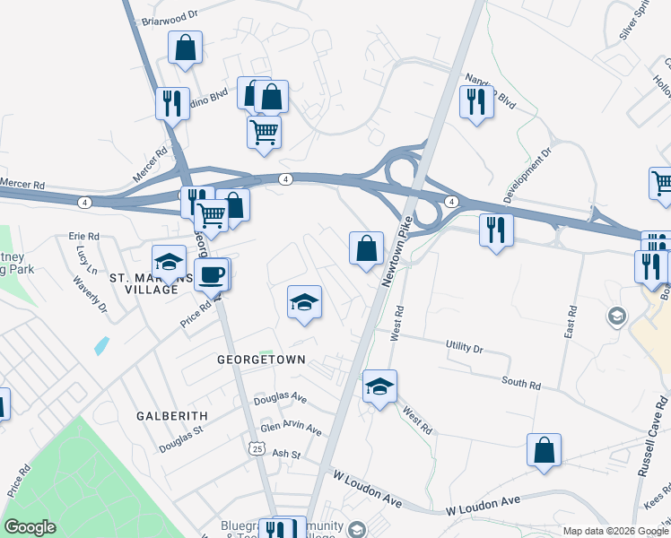 map of restaurants, bars, coffee shops, grocery stores, and more near 20 Queen Avenue in Lexington