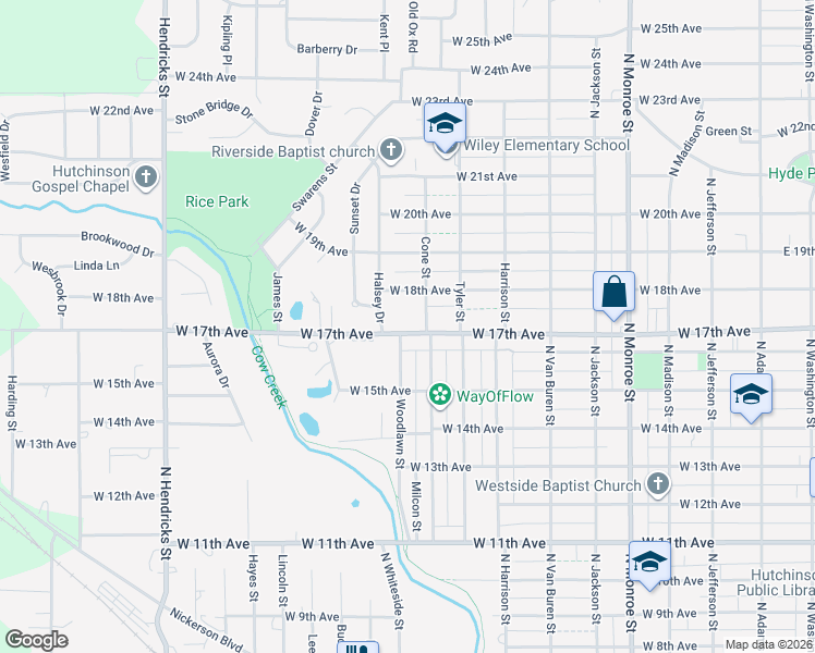 map of restaurants, bars, coffee shops, grocery stores, and more near 1004 West 17th Avenue in Hutchinson