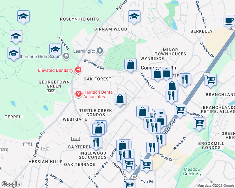 map of restaurants, bars, coffee shops, grocery stores, and more near 2033 Commonwealth Drive in Charlottesville