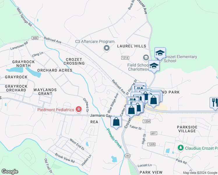 map of restaurants, bars, coffee shops, grocery stores, and more near 1085 Buford Street in Crozet
