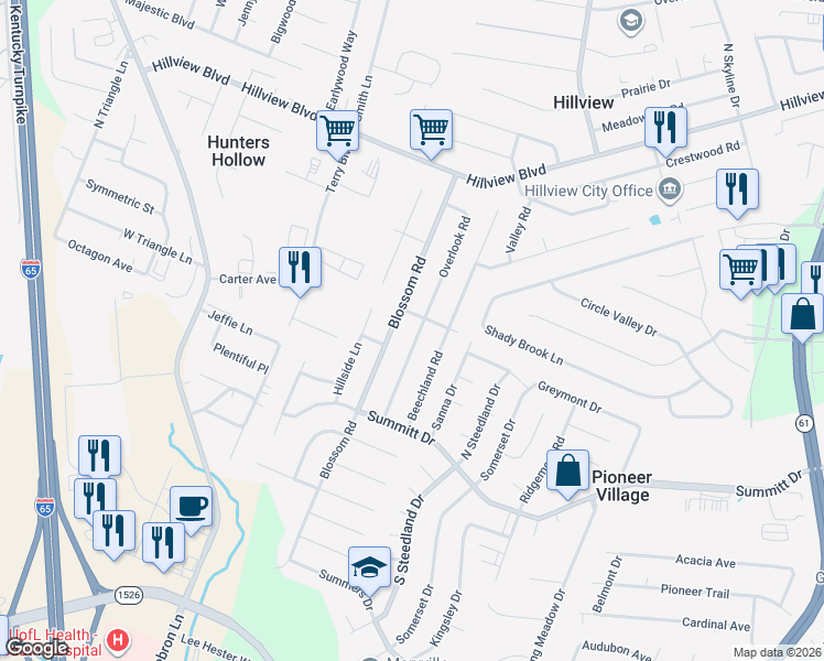 map of restaurants, bars, coffee shops, grocery stores, and more near 472 Blossom Road in Louisville