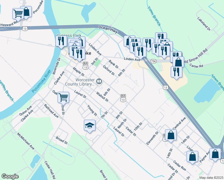 map of restaurants, bars, coffee shops, grocery stores, and more near 604 Market Street in Pocomoke City
