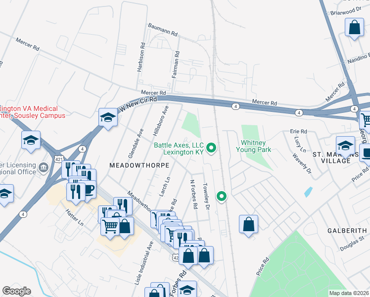 map of restaurants, bars, coffee shops, grocery stores, and more near 309 Pelican Lane in Lexington