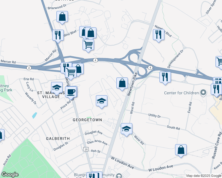 map of restaurants, bars, coffee shops, grocery stores, and more near 20 Queen Avenue in Lexington
