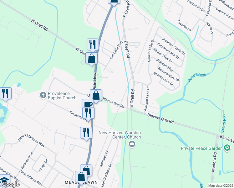 map of restaurants, bars, coffee shops, grocery stores, and more near 6503 Blevins Gap Road in Louisville
