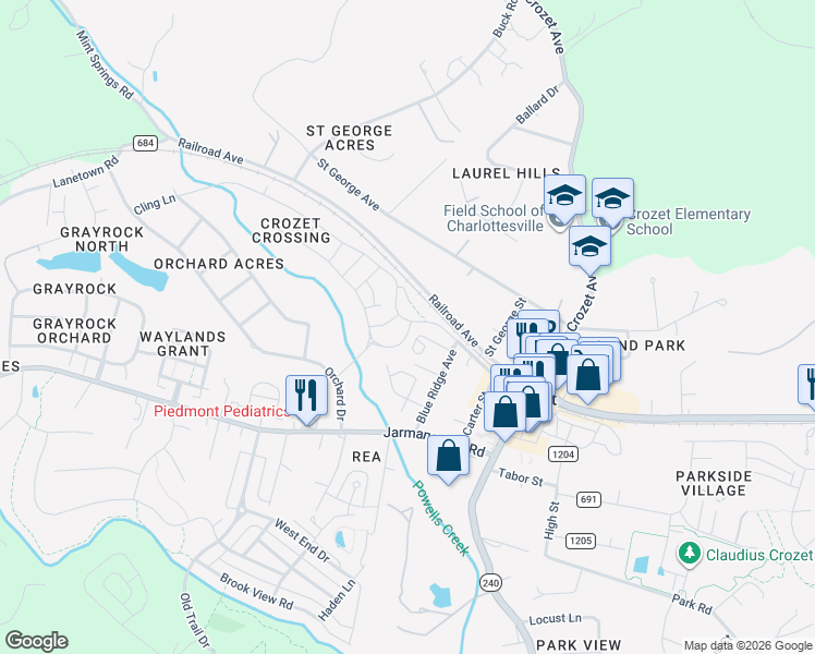 map of restaurants, bars, coffee shops, grocery stores, and more near 1085 Buford Street in Crozet