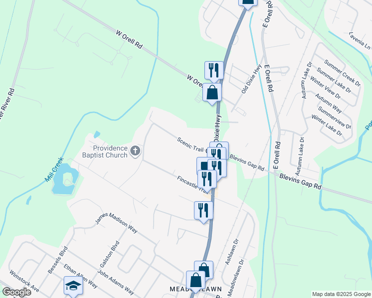 map of restaurants, bars, coffee shops, grocery stores, and more near 6614 Scenic Trail in Louisville