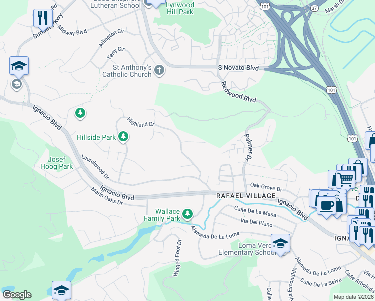 map of restaurants, bars, coffee shops, grocery stores, and more near 1120 Highland Drive in Novato