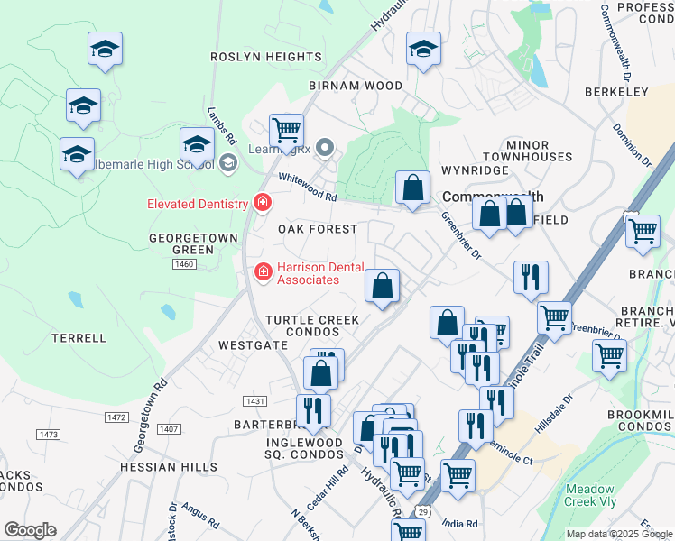 map of restaurants, bars, coffee shops, grocery stores, and more near 104 Oak Forest Circle in Charlottesville