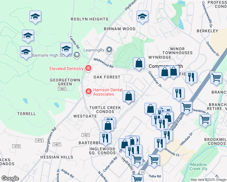 map of restaurants, bars, coffee shops, grocery stores, and more near 104 Oak Forest Circle in Charlottesville