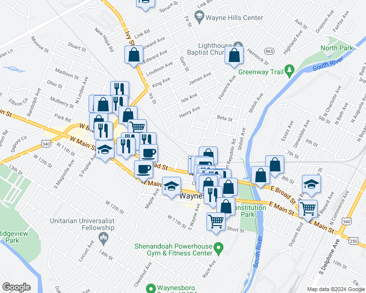 map of restaurants, bars, coffee shops, grocery stores, and more near 141 Elizabeth Avenue in Waynesboro