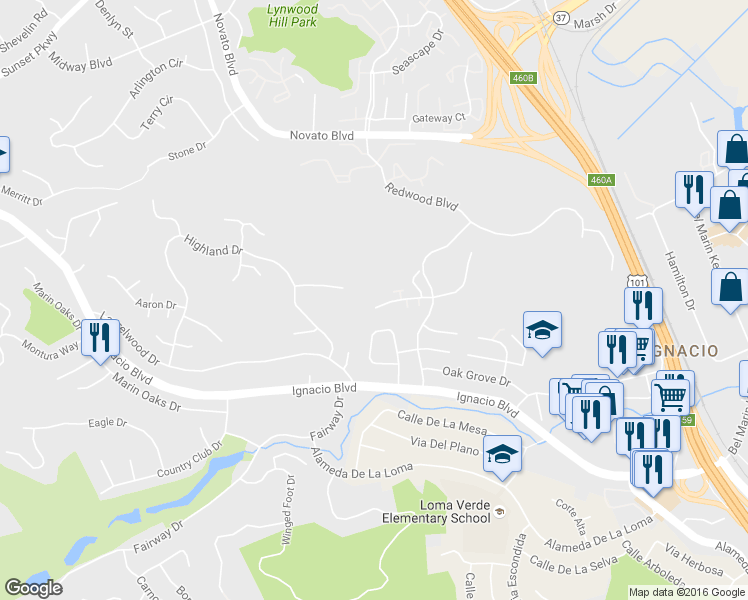 map of restaurants, bars, coffee shops, grocery stores, and more near 33 Rowe Ranch Drive in Novato