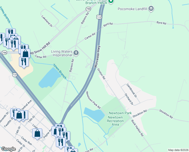 map of restaurants, bars, coffee shops, grocery stores, and more near 2145 Groton Road in Pocomoke City