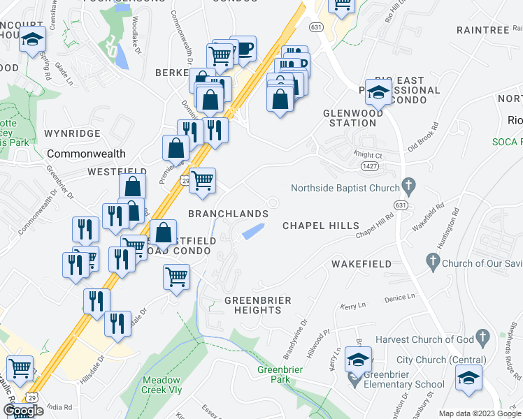 map of restaurants, bars, coffee shops, grocery stores, and more near 1289 Branchlands Drive in Charlottesville
