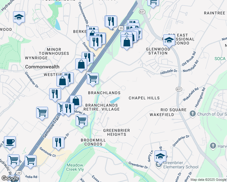 map of restaurants, bars, coffee shops, grocery stores, and more near 1289 Branchlands Drive in Charlottesville
